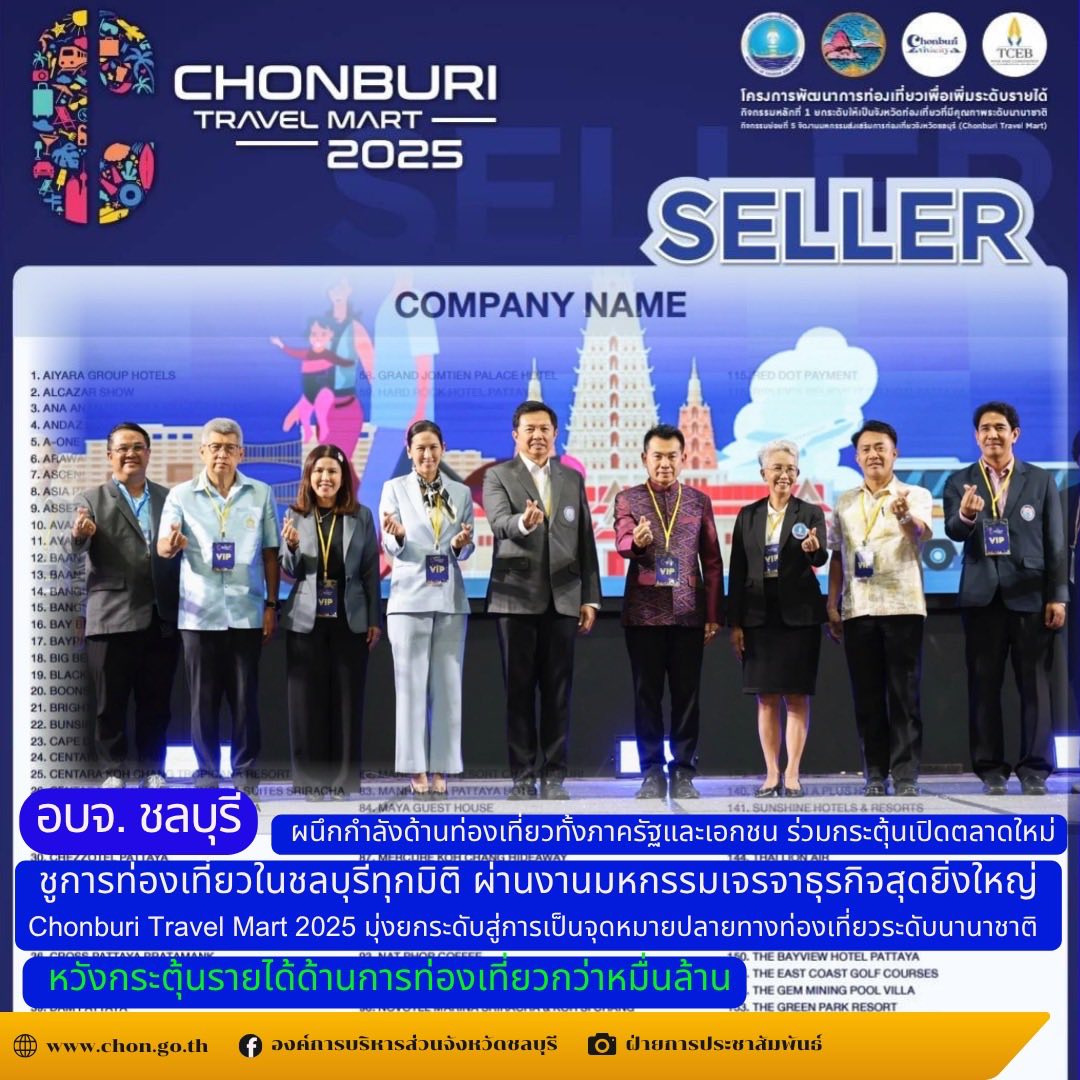 ชลบุรี ผนึกกำลังด้านท่องเที่ยวทั้งภาครัฐและเอกชน ร่วมกระตุ้นเปิดตลาดใหม่ ชูการ ท่องเที่ยวในชลบุรีทุกมิติ ผ่านงานมหกรรมเจรจาธุรกิจสุดยิ่งใหญ่ Chonburi Travel Mart 2025 มุ่งยกระดับสู่การเป็นจุดหมายปลายทางท่องเที่ยวระดับนานาชาติ หวังกระตุ้นรายได้ด้านการ ท่องเที่ยวกว่าหมื่นล้าน